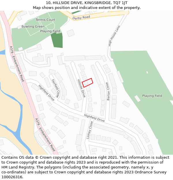 10, HILLSIDE DRIVE, KINGSBRIDGE, TQ7 1JT: Location map and indicative extent of plot