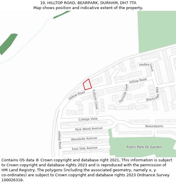 10, HILLTOP ROAD, BEARPARK, DURHAM, DH7 7TA: Location map and indicative extent of plot