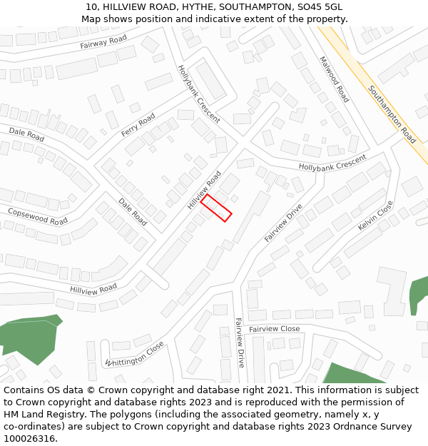 10, HILLVIEW ROAD, HYTHE, SOUTHAMPTON, SO45 5GL: Location map and indicative extent of plot