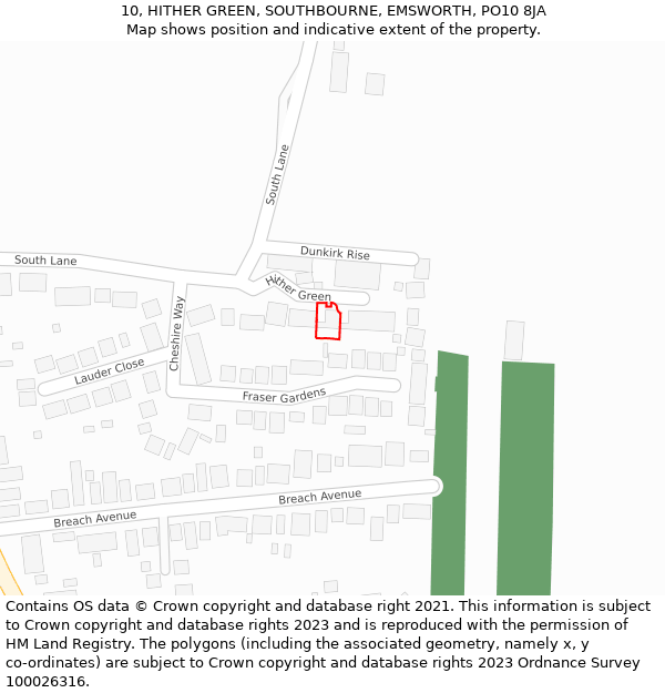 10, HITHER GREEN, SOUTHBOURNE, EMSWORTH, PO10 8JA: Location map and indicative extent of plot