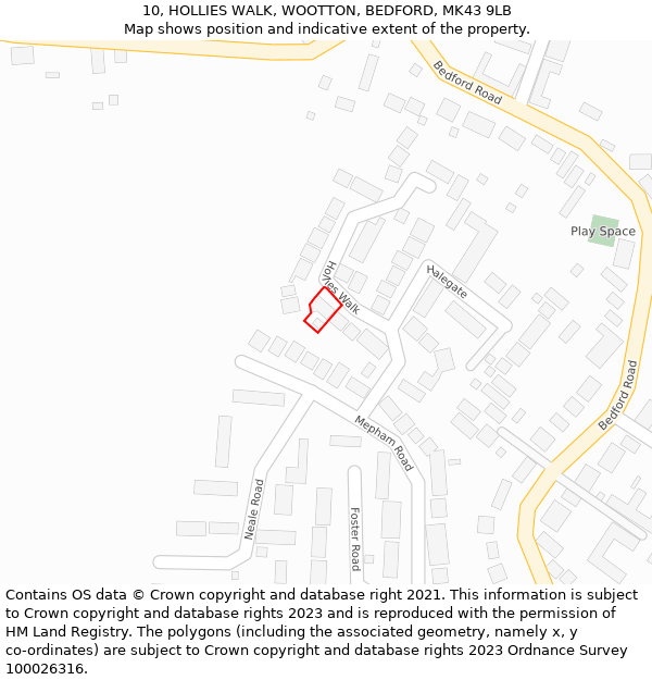 10, HOLLIES WALK, WOOTTON, BEDFORD, MK43 9LB: Location map and indicative extent of plot