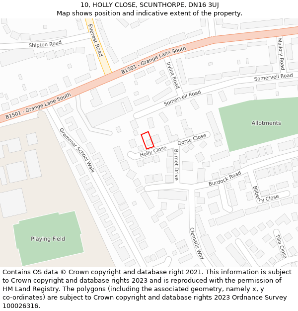 10, HOLLY CLOSE, SCUNTHORPE, DN16 3UJ: Location map and indicative extent of plot