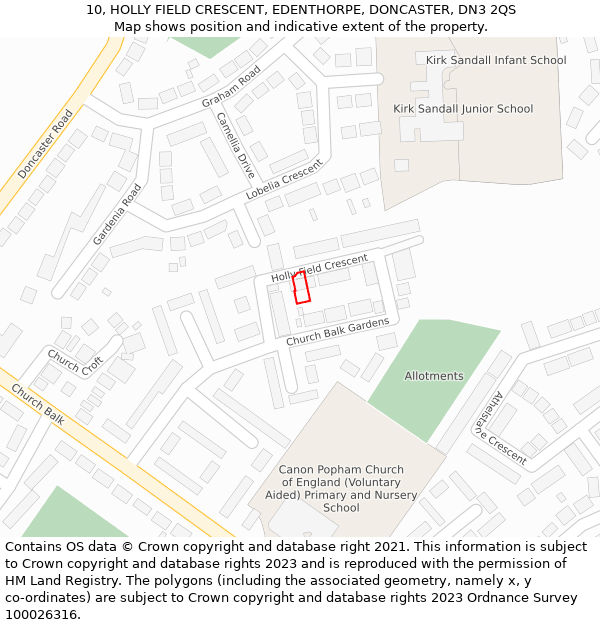 10, HOLLY FIELD CRESCENT, EDENTHORPE, DONCASTER, DN3 2QS: Location map and indicative extent of plot