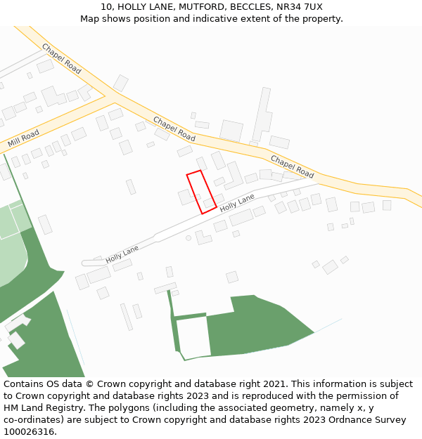 10, HOLLY LANE, MUTFORD, BECCLES, NR34 7UX: Location map and indicative extent of plot