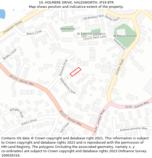 10, HOLMERE DRIVE, HALESWORTH, IP19 8TR: Location map and indicative extent of plot