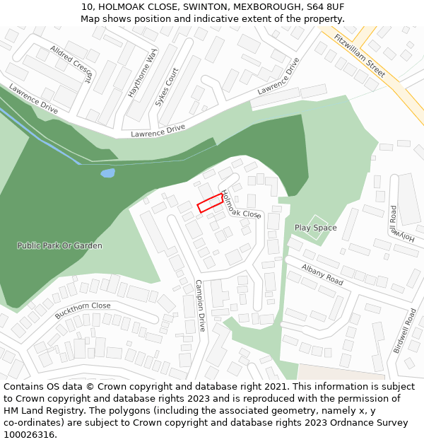 10, HOLMOAK CLOSE, SWINTON, MEXBOROUGH, S64 8UF: Location map and indicative extent of plot