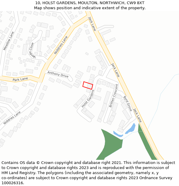 10, HOLST GARDENS, MOULTON, NORTHWICH, CW9 8XT: Location map and indicative extent of plot