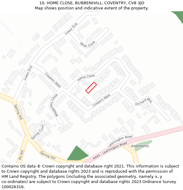 10, HOME CLOSE, BUBBENHALL, COVENTRY, CV8 3JD: Location map and indicative extent of plot