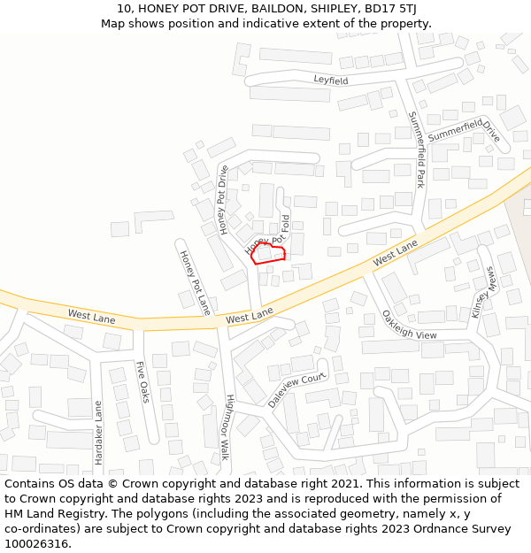 10, HONEY POT DRIVE, BAILDON, SHIPLEY, BD17 5TJ: Location map and indicative extent of plot