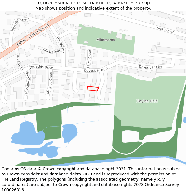 10, HONEYSUCKLE CLOSE, DARFIELD, BARNSLEY, S73 9JT: Location map and indicative extent of plot