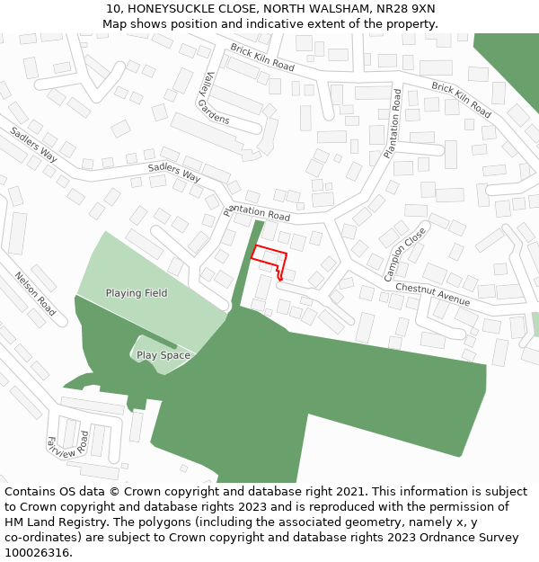 10, HONEYSUCKLE CLOSE, NORTH WALSHAM, NR28 9XN: Location map and indicative extent of plot