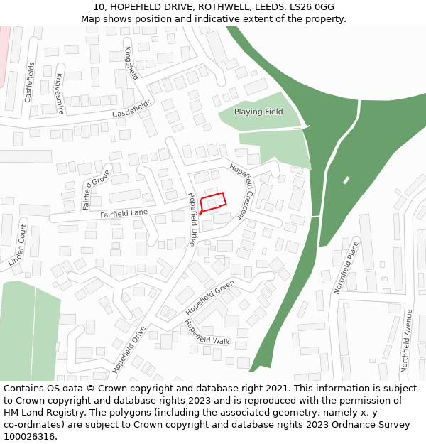 10, HOPEFIELD DRIVE, ROTHWELL, LEEDS, LS26 0GG: Location map and indicative extent of plot