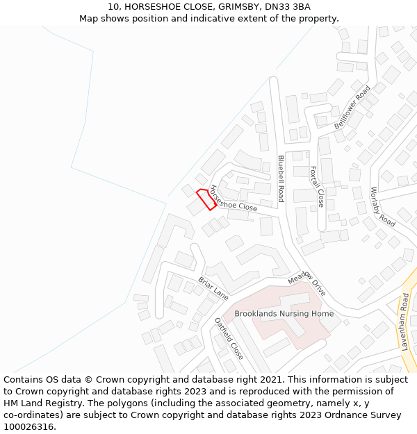 10, HORSESHOE CLOSE, GRIMSBY, DN33 3BA: Location map and indicative extent of plot