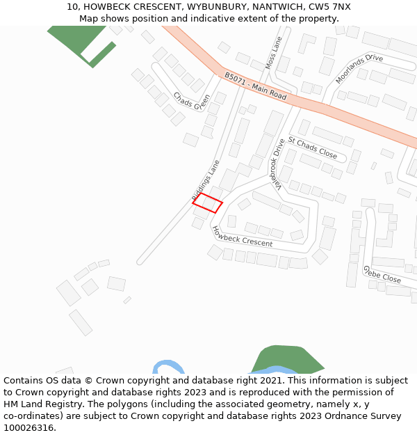 10, HOWBECK CRESCENT, WYBUNBURY, NANTWICH, CW5 7NX: Location map and indicative extent of plot