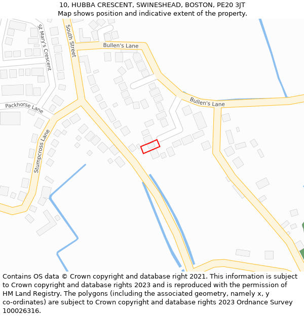 10, HUBBA CRESCENT, SWINESHEAD, BOSTON, PE20 3JT: Location map and indicative extent of plot