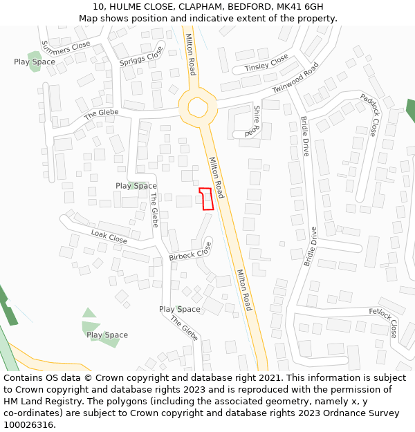 10, HULME CLOSE, CLAPHAM, BEDFORD, MK41 6GH: Location map and indicative extent of plot