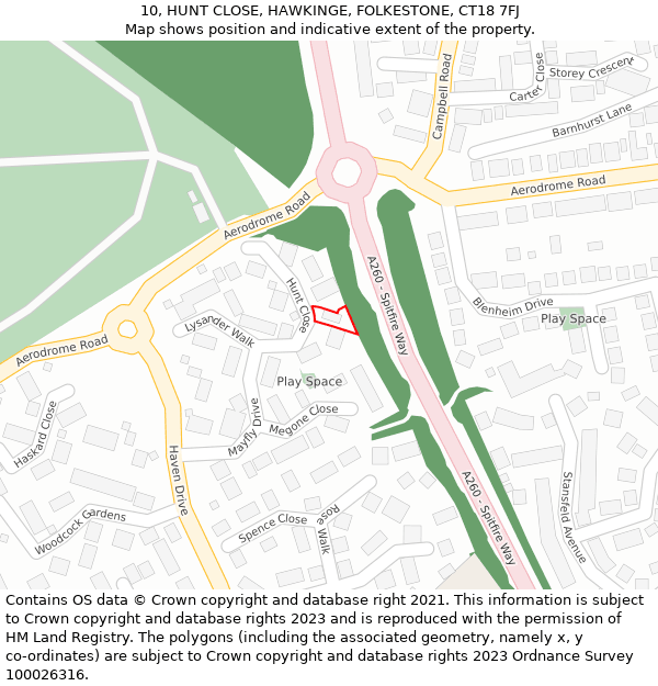 10, HUNT CLOSE, HAWKINGE, FOLKESTONE, CT18 7FJ: Location map and indicative extent of plot