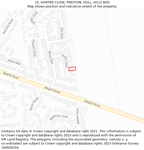 10, HUNTER CLOSE, PRESTON, HULL, HU12 8XD: Location map and indicative extent of plot