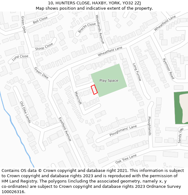 10, HUNTERS CLOSE, HAXBY, YORK, YO32 2ZJ: Location map and indicative extent of plot