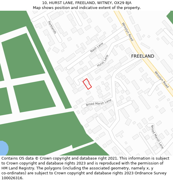 10, HURST LANE, FREELAND, WITNEY, OX29 8JA: Location map and indicative extent of plot