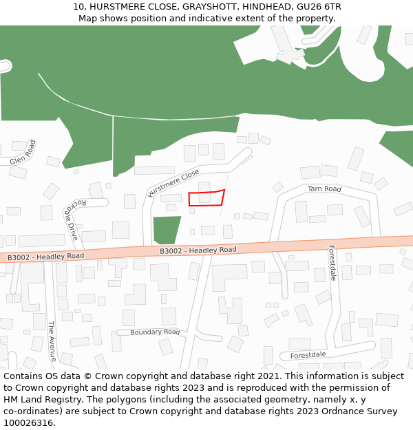 10, HURSTMERE CLOSE, GRAYSHOTT, HINDHEAD, GU26 6TR: Location map and indicative extent of plot