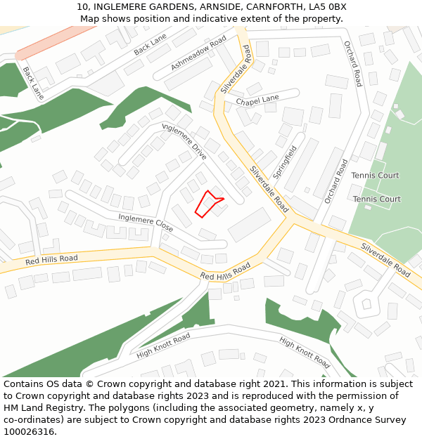 10, INGLEMERE GARDENS, ARNSIDE, CARNFORTH, LA5 0BX: Location map and indicative extent of plot