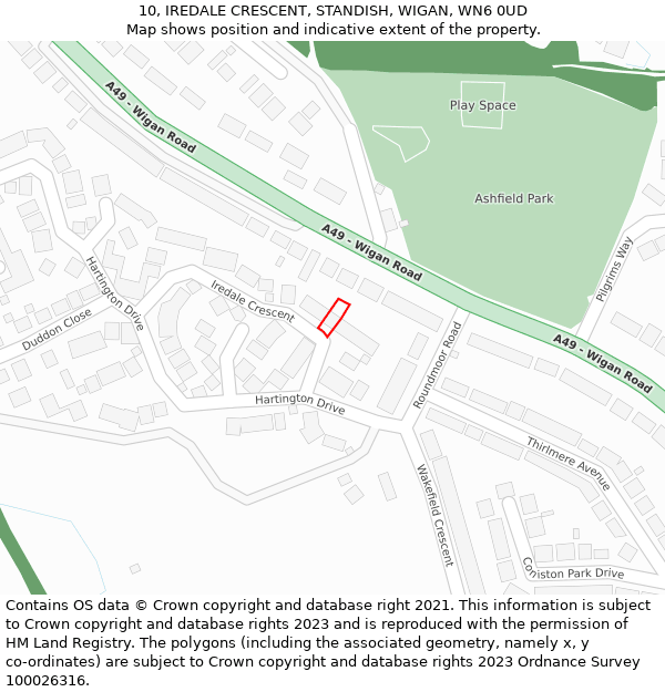 10, IREDALE CRESCENT, STANDISH, WIGAN, WN6 0UD: Location map and indicative extent of plot