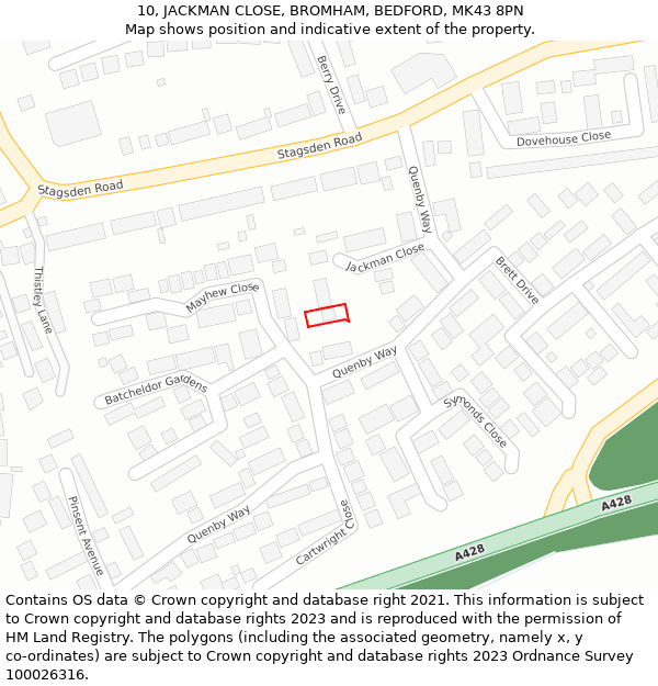 10, JACKMAN CLOSE, BROMHAM, BEDFORD, MK43 8PN: Location map and indicative extent of plot