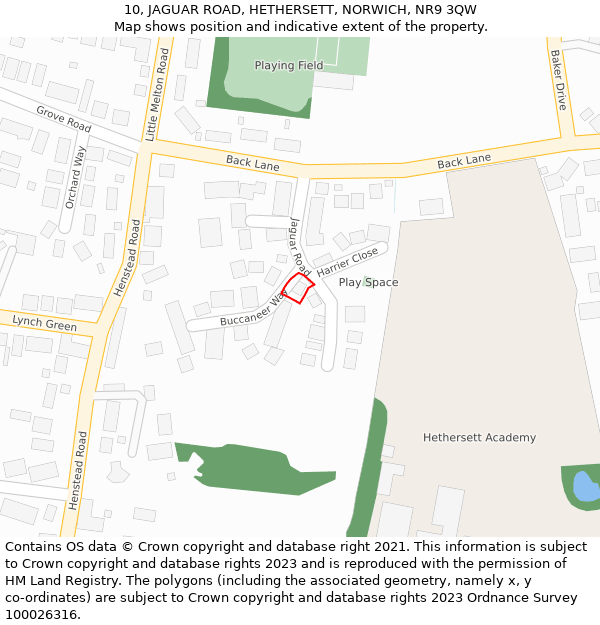 10, JAGUAR ROAD, HETHERSETT, NORWICH, NR9 3QW: Location map and indicative extent of plot