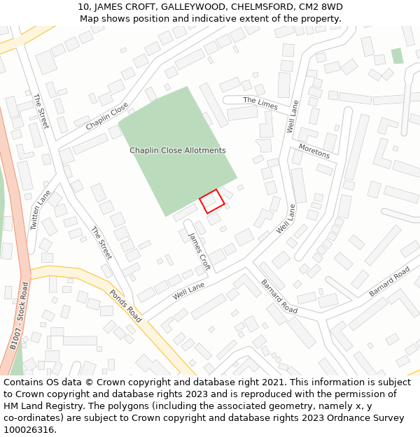 10, JAMES CROFT, GALLEYWOOD, CHELMSFORD, CM2 8WD: Location map and indicative extent of plot