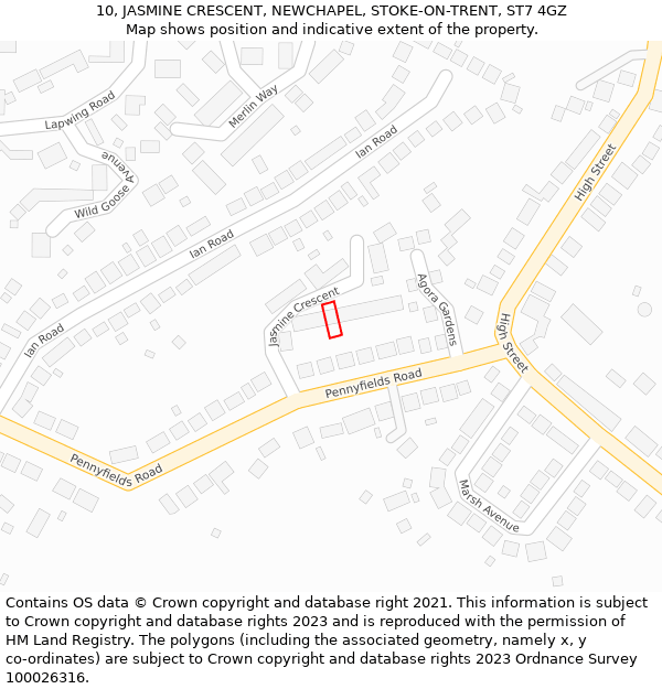 10, JASMINE CRESCENT, NEWCHAPEL, STOKE-ON-TRENT, ST7 4GZ: Location map and indicative extent of plot