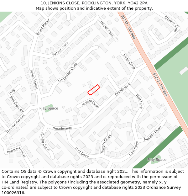 10, JENKINS CLOSE, POCKLINGTON, YORK, YO42 2PA: Location map and indicative extent of plot