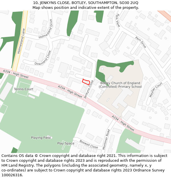 10, JENKYNS CLOSE, BOTLEY, SOUTHAMPTON, SO30 2UQ: Location map and indicative extent of plot