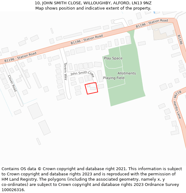 10, JOHN SMITH CLOSE, WILLOUGHBY, ALFORD, LN13 9NZ: Location map and indicative extent of plot