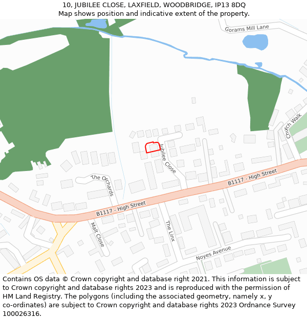 10, JUBILEE CLOSE, LAXFIELD, WOODBRIDGE, IP13 8DQ: Location map and indicative extent of plot