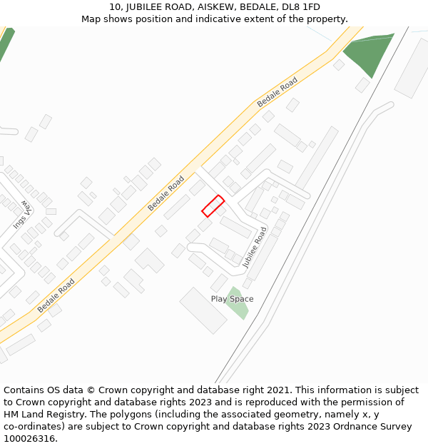 10, JUBILEE ROAD, AISKEW, BEDALE, DL8 1FD: Location map and indicative extent of plot