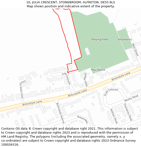 10, JULIA CRESCENT, STONEBROOM, ALFRETON, DE55 6LS: Location map and indicative extent of plot