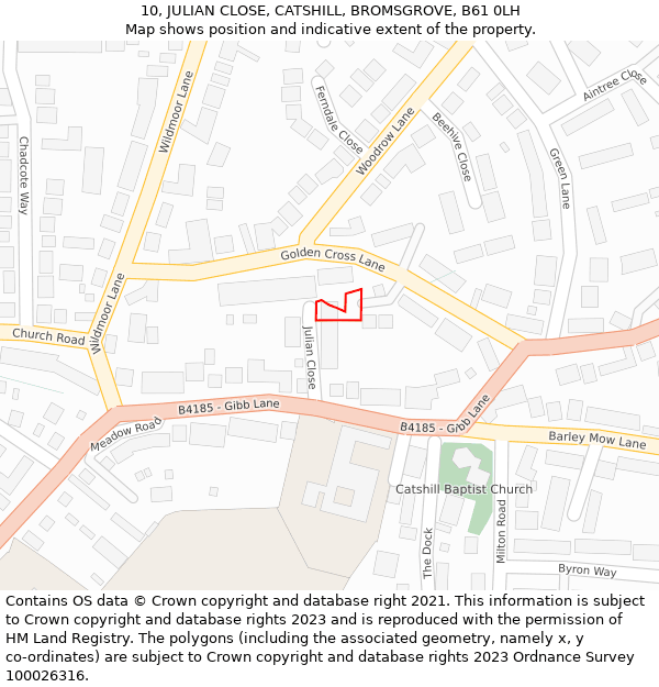 10, JULIAN CLOSE, CATSHILL, BROMSGROVE, B61 0LH: Location map and indicative extent of plot