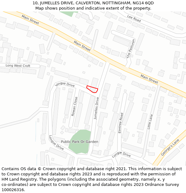 10, JUMELLES DRIVE, CALVERTON, NOTTINGHAM, NG14 6QD: Location map and indicative extent of plot