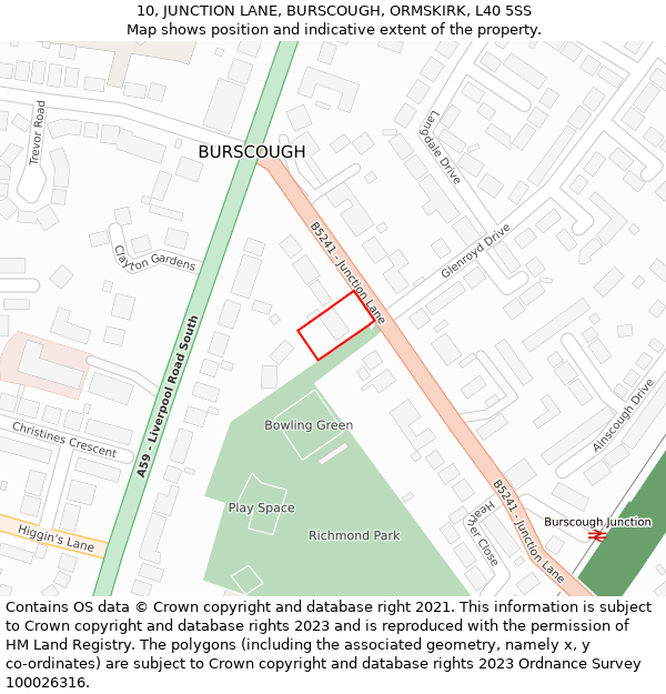 10, JUNCTION LANE, BURSCOUGH, ORMSKIRK, L40 5SS: Location map and indicative extent of plot