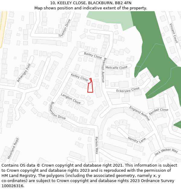 10, KEELEY CLOSE, BLACKBURN, BB2 4FN: Location map and indicative extent of plot
