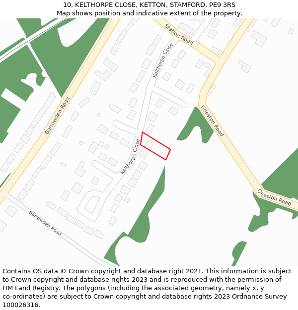 10, KELTHORPE CLOSE, KETTON, STAMFORD, PE9 3RS: Location map and indicative extent of plot