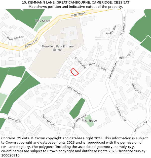 10, KEMMANN LANE, GREAT CAMBOURNE, CAMBRIDGE, CB23 5AT: Location map and indicative extent of plot