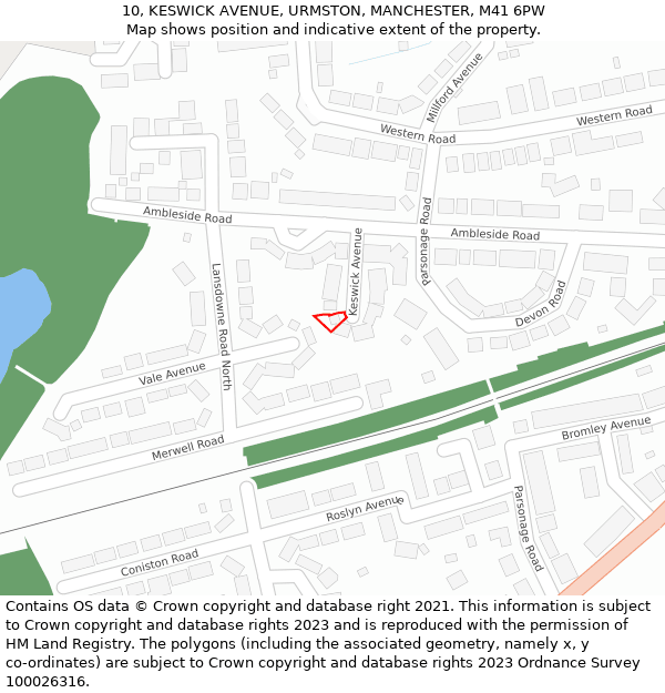 10, KESWICK AVENUE, URMSTON, MANCHESTER, M41 6PW: Location map and indicative extent of plot