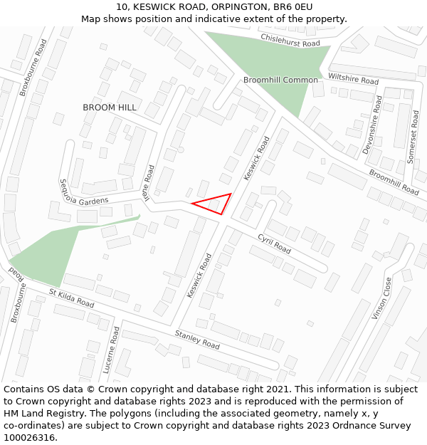 10, KESWICK ROAD, ORPINGTON, BR6 0EU: Location map and indicative extent of plot