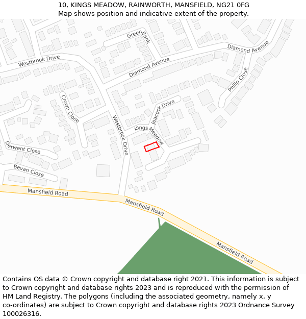 10, KINGS MEADOW, RAINWORTH, MANSFIELD, NG21 0FG: Location map and indicative extent of plot