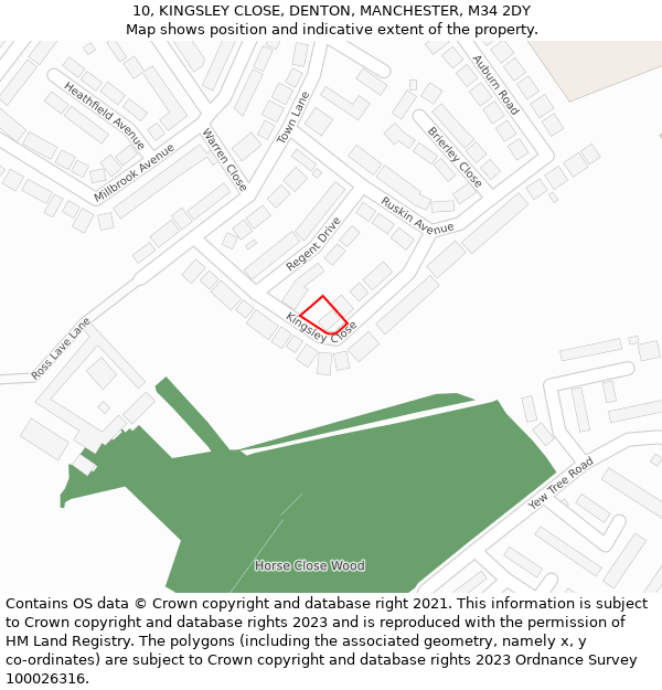 10, KINGSLEY CLOSE, DENTON, MANCHESTER, M34 2DY: Location map and indicative extent of plot