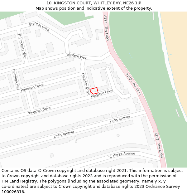 10, KINGSTON COURT, WHITLEY BAY, NE26 1JP: Location map and indicative extent of plot