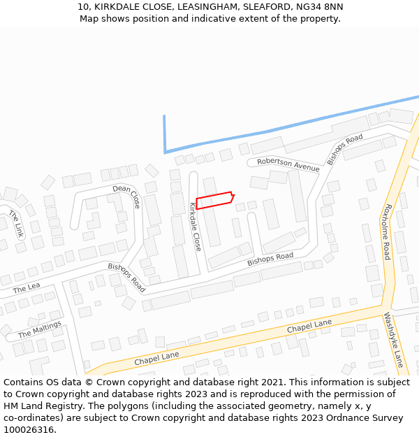 10, KIRKDALE CLOSE, LEASINGHAM, SLEAFORD, NG34 8NN: Location map and indicative extent of plot