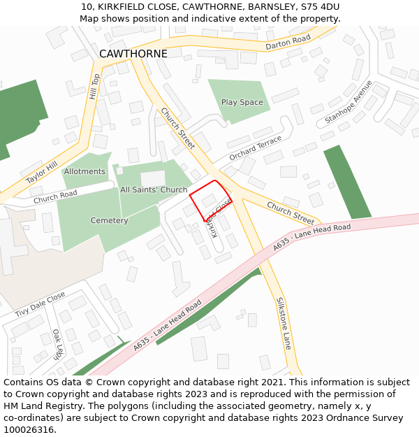 10, KIRKFIELD CLOSE, CAWTHORNE, BARNSLEY, S75 4DU: Location map and indicative extent of plot